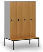Drevená šatníková skrinka S4 s lavičkou, 4 oddiely, 1871 x 1200 x 500/800 mm, demont, RFID zámok, sivá/buk