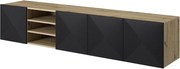 Závesná TV skrinka Asha 200 cm s ryhovaným čelom a otvorenou poličkou - artisan / čierny mat