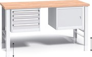 Výškovo nastaviteľný pracovný stôl do dielne G3 so závesným boxom a skrinkou na náradie, buková škárovka, 4 zásuvky, 1700 x 685 x 840 - 1050 mm, sivá