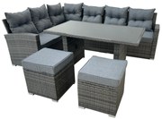 Ratanový set: Rohový gauč + stolík + 2 taburety - sivý so sivými vankúšmi