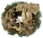 Zeleno-zlatý vianočný veniec s mašľou a jeleňom Christmas Deer - Ø 30*7 cm