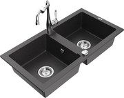 Mexen Mario granitový dvojkomorový drez s kuchynskou batériou Carla, Čierna škvrnitá - 6504-76-670700-00