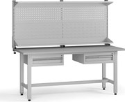 Výškovo nastaviteľný dielenský stôl G5 s nadstavbou, 1800 x 750 x 800-1000 mm, 2x kontajner, 2 zásuvky, sivá