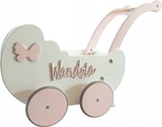 Drevený kočík pre bábiky s dekoráciou biela + ružová