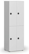 Drevená šatníková skrinka S4 s úložnými boxmi, 4 boxy, demont, kódový zámok, sivá/biela