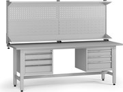 Výškovo nastaviteľný dielenský stôl G5 s nadstavbou, 2100 x 750 x 800-1000 mm, 2x kontajner, 6 zásuviek, sivá
