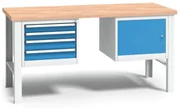 Výškovo nastaviteľný pracovný stôl do dielne WL so závesným boxom a skrinkou na náradie, buková škárovka, 4 zásuvky, 1700 x 685 x 840 - 1050 mm