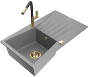 Mexen Cesar, 1-komorový granitový drez 775x470x190 mm a drezová batéria Flora, šedá, 6514-71-670401-57-G