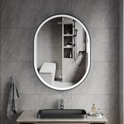 Erga Gwen, oválne LED zrkadlo 60x80cm v čiernom kovovom ráme, 3 farby svetla, predné osvetlenie, vyhrievacia podložka proti zapareniu, ERG-V01-GWEN-6080-BK