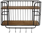 Čierna antik nástenná kovová polička s drevenými poličkami a háčikmi Old Shelf - 52*20*45cm