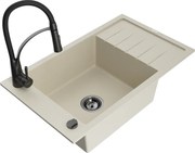 Mexen Elias granitový jednokomorový drez s odkvapkávačom a kuchynskou batériou Aster, Béžová - 6511-69-73450-70-B