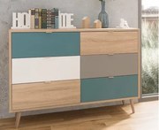 Komoda so zásuvkami Cuba, dub/biela/šedá/petrolejová%