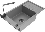 Mexen Elias granitový jednokomorový drez s odkvapkávačom a kuchynskou batériou Rita, Šedá - 6511-71-670300-70-B