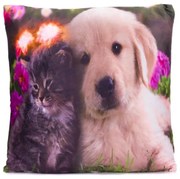 Nexos 68495 Dekoračný vankúš s LED osvetlením Mačka a pes - 38 x 38 cm