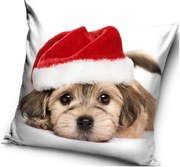 Vianočný vankúš - motív Šteňa s červenou čiapočkou - 40 x 40 cm