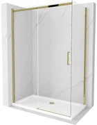 Mexen Omega, sprchovací kút s posuvnými dverami 130 (dvere) x 70 (stena) cm, 8mm číre sklo, zlatý profil + slim sprchová vanička 5cm, 825-130-070-50-00-4010