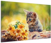 Obraz mačiatka pozerajúce sa na kvetinu (90x60 cm)