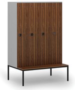 Drevená šatníková skrinka S4 s lavičkou, 4 oddiely, 1871 x 1200 x 500/800 mm, demont, kódový zámok, sivá/orech