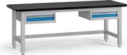 Pracovný stôl do dielne G4 s 2 závesnými boxami na náradie, MDF + PVC doska, 2 zásuvky, 2100 x 750 x 800 mm, modrá