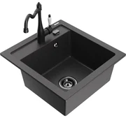 Mexen Vito, granitový drez 490x520x210 mm, 1-komorový a drezová batéria Carla, čierna škvrnitá, 6503-76-670700-70-B