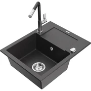 Mexen Enzo, 1-komorový granitový drez 576x465x174 mm a drezová batéria Flora, čierna škvrnitá, 6506-76-670401-07
