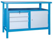 Dielenský pracovný stôl GD, smrek + buková preglejka, 3 zásuvky, 1 skrinka, 1190 x 600 x 850 mm, modrá