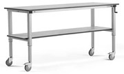 Nastaviteľný dielenský stôl MOTION s kolieskami, s policou, 2000x600 mm