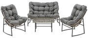 Záhradný set: Gauč + stolík + 2 kreslá - sivé so sivými vankúšmi