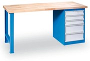 Dielenský pracovný stôl GD, buková škárovka, pevná noha + zásuvkový dielenský box na náradie, 5 zásuviek, 1500 x 800 x 850 mm, modrá