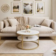 KONFERENČNÝ STOLÍK LEONARDO S POLICOU BIELY MRAMOR + ZLATÝ