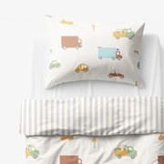 Goldea detské bavlnené obliečky - svet autíčok s latte prúžkami 140 x 200 a 70 x 90 cm
