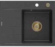 Mexen Ben, 1-komorový granitový drez 600x500x190 mm, pravý + zlatý sifón, čierna škvrnitá, 6523605000-76-G