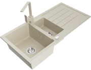 Mexen Andres, granitový drez 1000x500x200 mm, 1,5-komorový, béžová s chrómovým sifónom a béžová drezová batéria Rita, 6515-69-670300-69