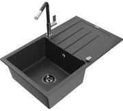 Mexen Bruno, 1-komorový granitový drez 795x495x200 mm a drezová batéria Flora, čierna škvrnitá, 6513-76-670401-07-B