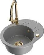 Mexen Kevin granitový jednokomorový drez s odkvapkávačom a kuchynskou batériou Elia, Šedá - 6517-71-670101-50