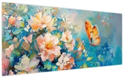 Obraz - Motýľ a kvety, olejomaľba II. (120x50 cm)