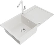 Mexen Leo, 1-komorový granitový drez 900x500x190 mm a drezová batéria Flora, biela, 6501-20-670401-02