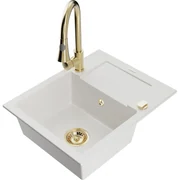Mexen Enzo, 1-komorový granitový drez 576x465x174 mm a drezová batéria Elia, biela, 6506-20-670101-50