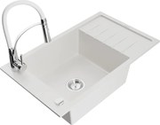 Mexen Elias granitový jednokomorový drez s odkvapkávačom a kuchynskou batériou Aster, Biela - 6511-20-73450-02