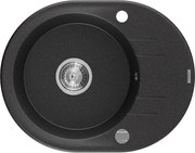 Mexen Kevin granitový jednokomorový drez s odkvapkávačom 586 x 458 mm, Čierna/Strieborná metalíza, sifón Chrómová - 6517581005-7