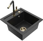 Mexen Vito, 1-komorový granitový drez 490x520x210 mm a drezová batéria Flora, čierna-strieborná metalíza, 6503-73-670401-57-G