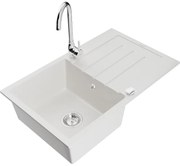 Mexen Bruno, 1-komorový granitový drez s odkvapkávačom 80x50 cm a kuchynskou batériou Telma, biela, 6513-20-670200-00