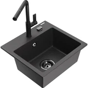 Mexen Milo, 1-komorový granitový drez 435x410x171 mm a drezová batéria Flora, čierna škvrnitá, 6505-76-670401-70-B