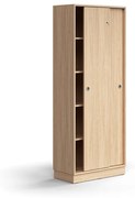 Skriňa s posuvnými dverami QBUS, 4 police, so soklom, s madlom, 2020x800x400 mm, dub