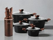 8-dielna sada hrncov + sada kuchynských nožov v stojane medenej farby