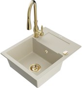 Mexen Enzo, 1-komorový granitový drez 576x465x174 mm a drezová batéria Savita, béžová, 6506-69-672601-50