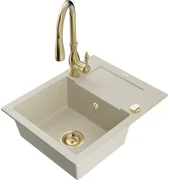 Mexen Enzo, 1-komorový granitový drez 576x465x174 mm a drezová batéria Savita, béžová, 6506-69-672601-50
