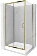 Mexen Apia, sprchový kút s posuvnými dverami 120 (dvere) x 90 (stena) cm, 6mm číre sklo, zlatý profil + biela sprchová vanička RIO, 840-120-090-50-00-4510