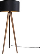 Stojacia lampa orechové drevo s čiernym tienidlom so zlatým interiérom 50cm - Tripod Classic
