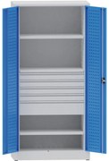 Dielenská kovová skriňa na náradie KOVONA, 2 police, 5 zásuviek, zváraná, nosnosť 50 kg, 950 x 500 x 1950 mm